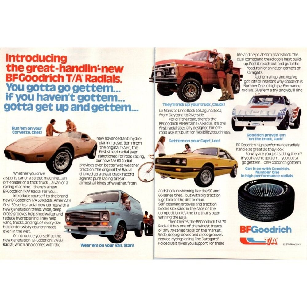 1979 BF Goodrich Radial Tire 2 Page Vintage Print Ad Corvette Mustang Wall Art